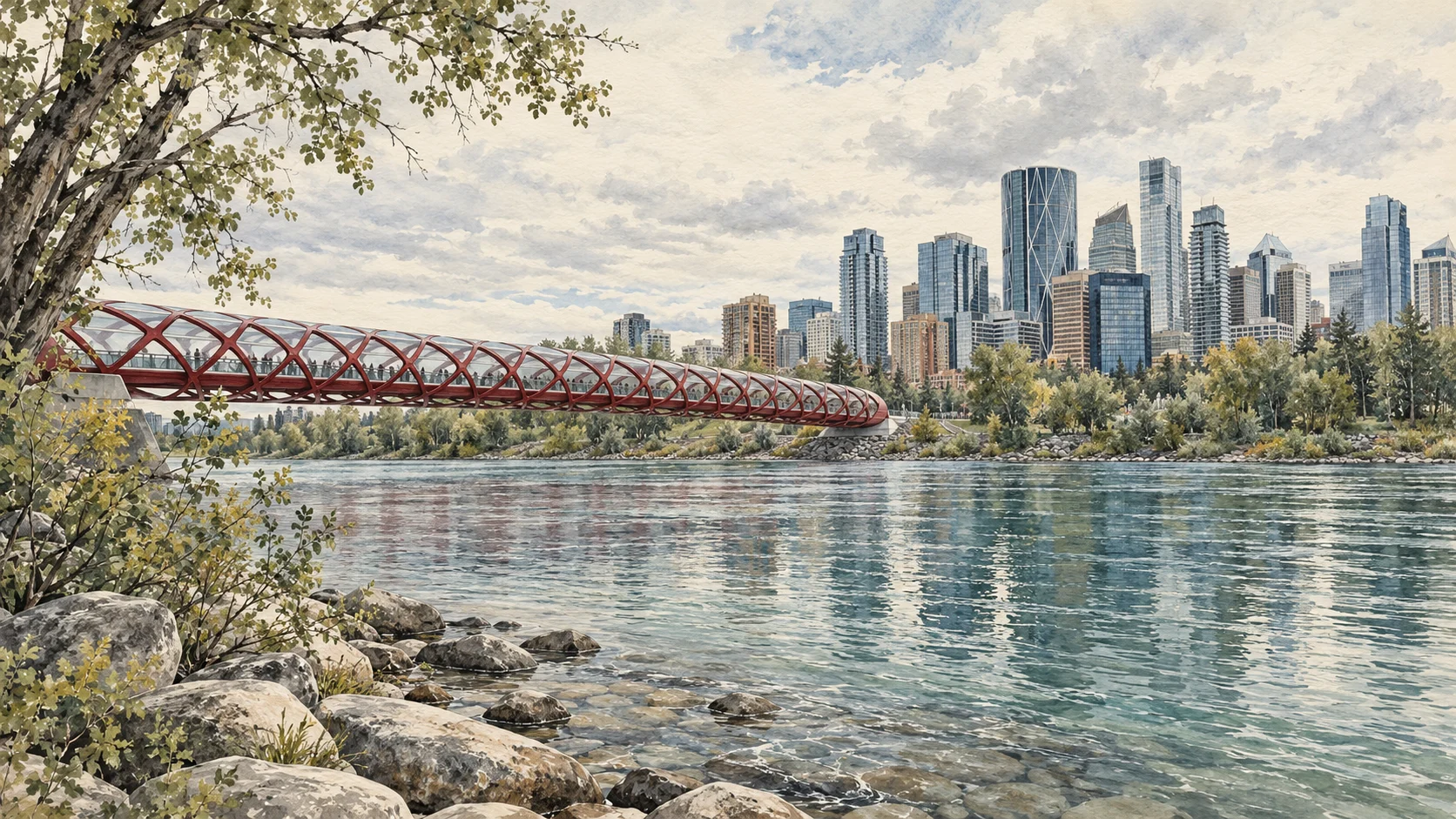 An ink painting of Calgary’s red Peace Bridge across the Bow River, with the downtown skyline beyond.